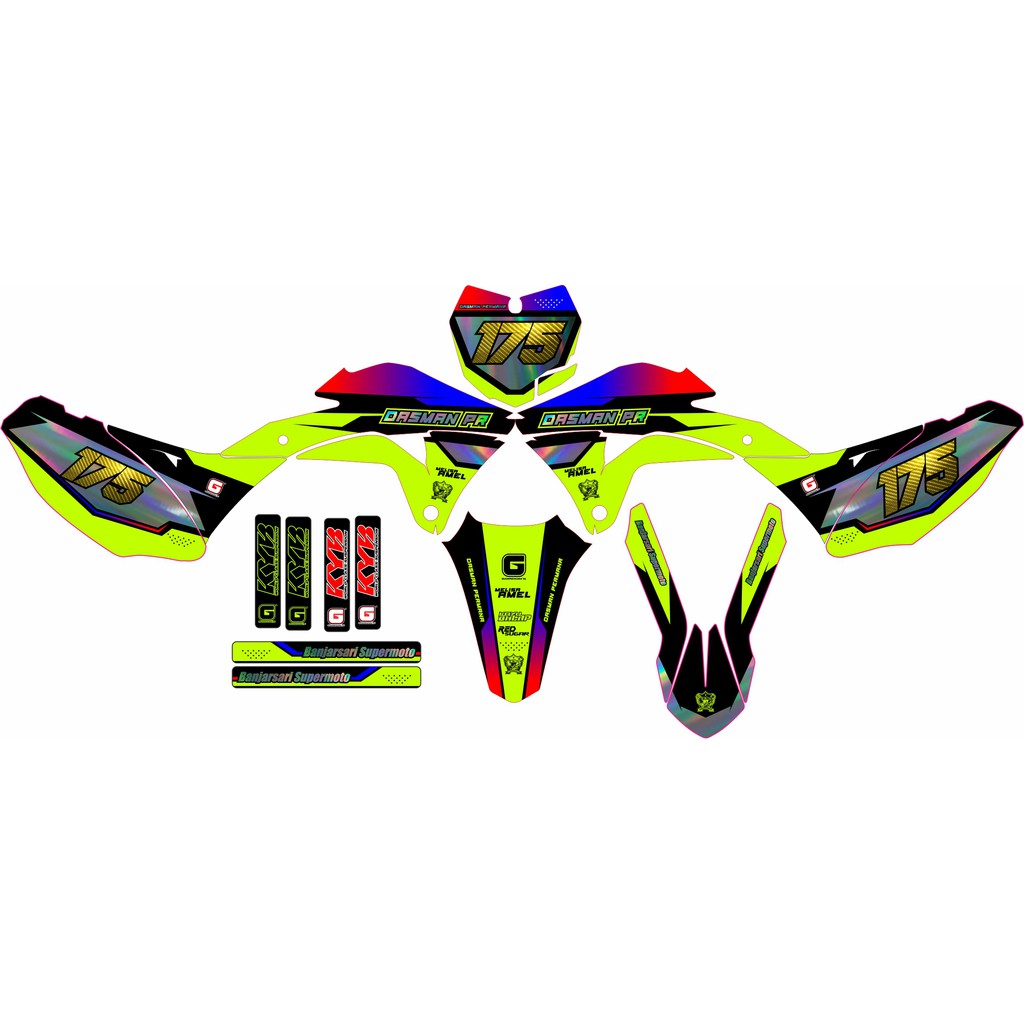 Decal KLX Gordon dengan warna dasar kuning stabillo kombinasi  chromepelangi bebas ganti nama nomor