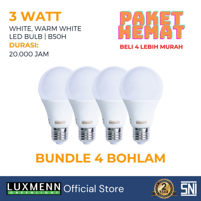 Luxmenn Paket Hemat Lampu Bohlam LED B50H 4 pcs 3W 3 Watt Putih Kuning - Putih