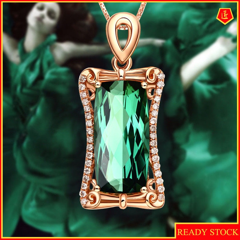 [Ready Stock]Fashion Inlaid 5 Karat Emerald Pendant 18K Gold Plated Color Gemstone Pendant