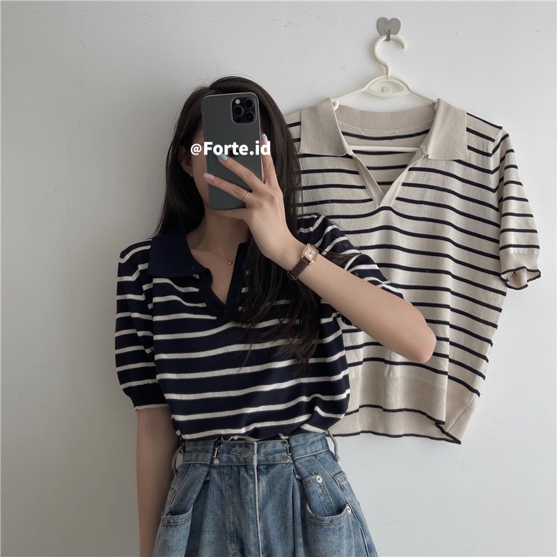 kaos rajut wanita Atasan rajut lengan pendek Korean retro style kasual Knit stripe T-shirt