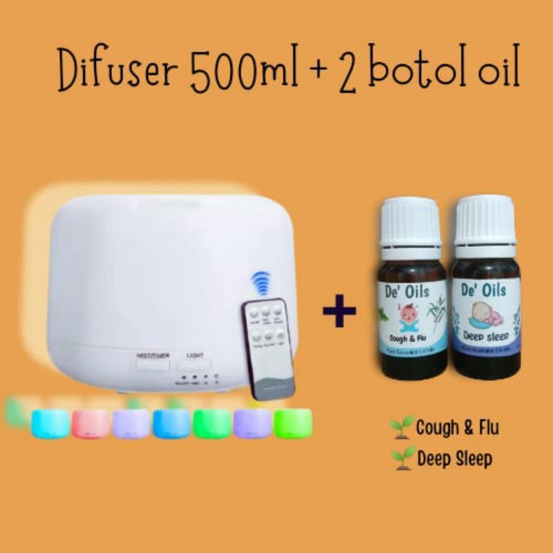 De'Oils Paket Difuser 500ml + De'Oils Essential Oil Murni Berkualitas Imune Booster Aromateraphy