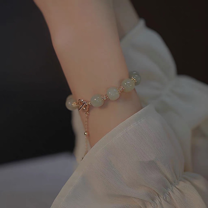 Gelang Tangan Manik-Manik Giok Hetian Imitasi Aksen Daun Clover + Mutiara + Zircon Untuk Perhiasan Wanita