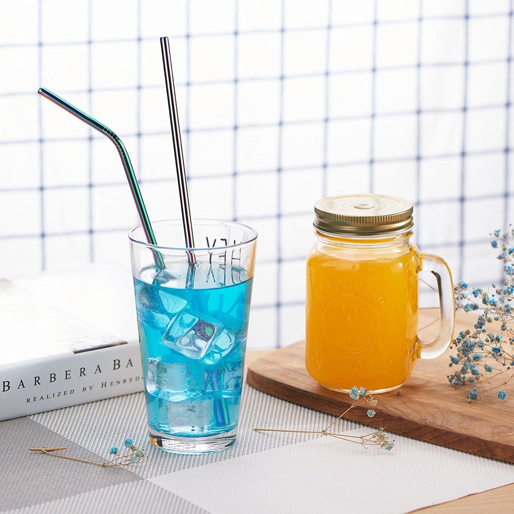 [COD/Bayar di Tempat]Stainless Steel Metal Drinking Straws Straight/Bent Reusable Washable + Brushes