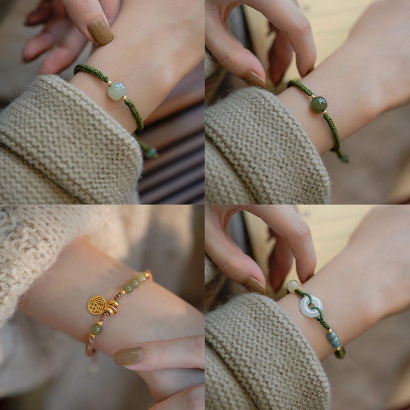 Gelang Tangan Silver 925 Wanita Hias Batu Giok Hetian Alami Gaya Vintage