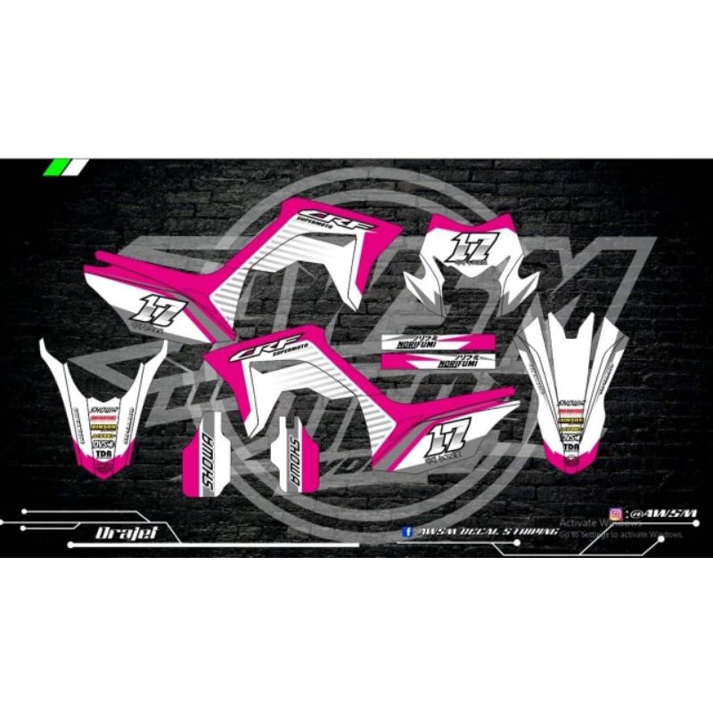 decal crf 150l pink putih nama nomor hologram pelangi