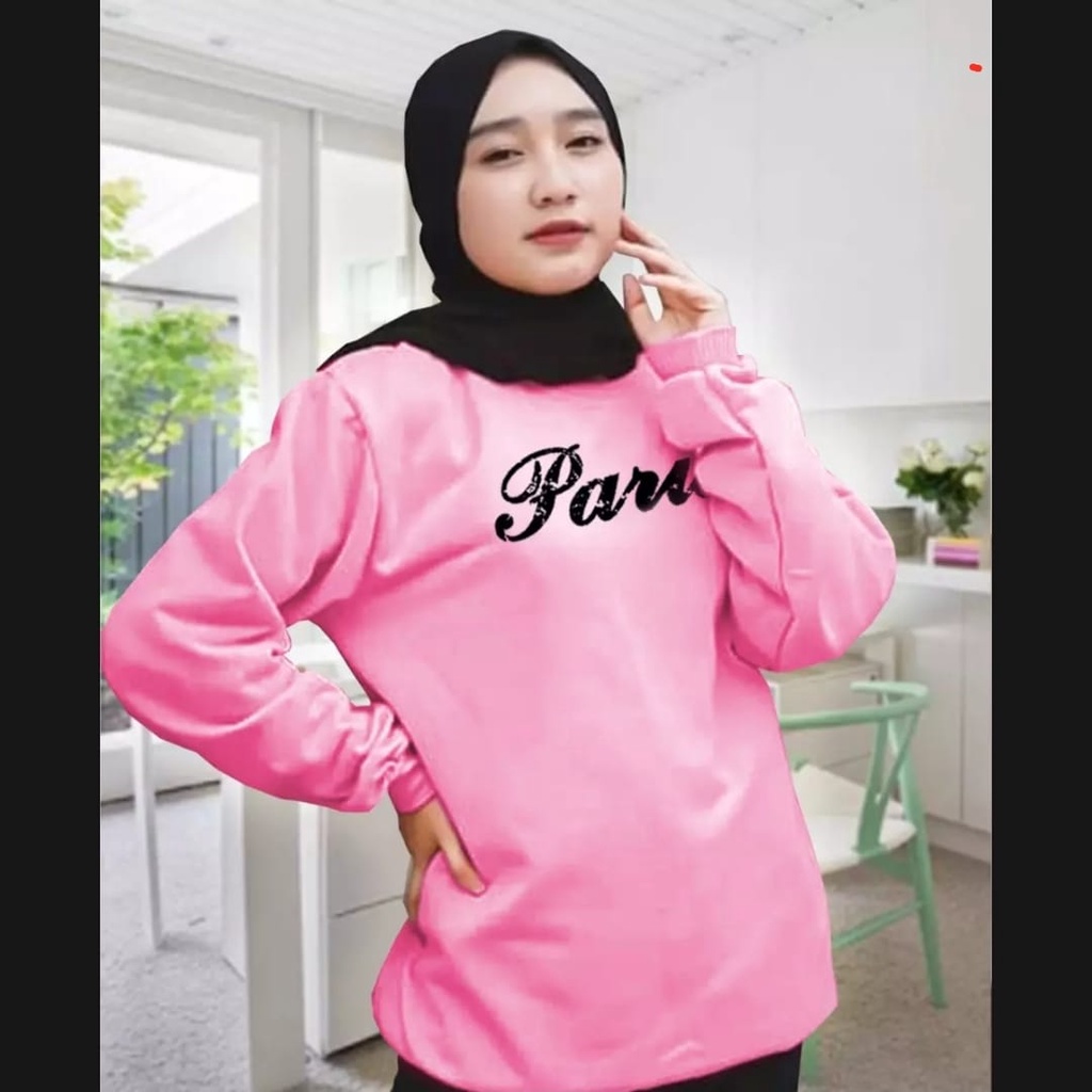 PARIS TEXT SWEATER FLEECE UNISEX TEBAL TERBARU'