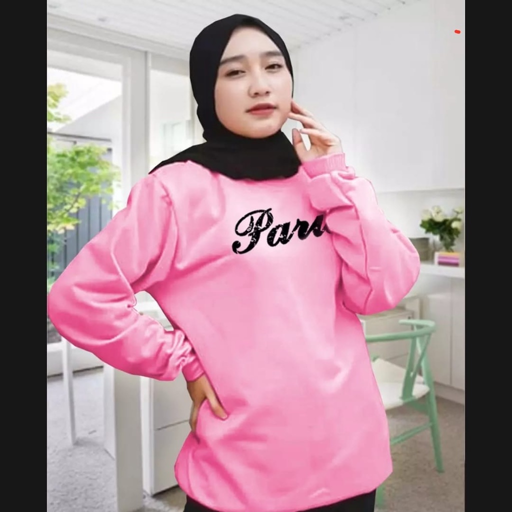 SWEATER WANITA PARIS TEXT /// ATASAN WANITA FLEECE TEBAL KEKINIAN TERBARU''