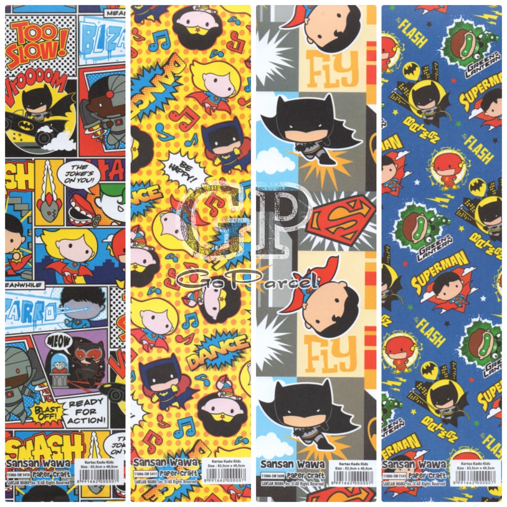 ( 5 Lembar ) MARVEL SANWA - GIFT WRAP PAPER SANSAN WAWA SUPERHEROES DC COMIC CARTOON BATMAN / SUPERMAN / WONDER WOMAN / FLASH