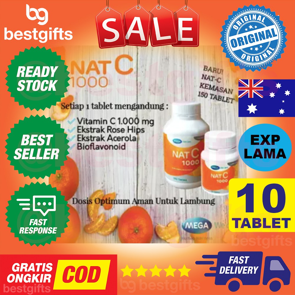 MEGA WE CARE NAT C VITAMIN VIT C 1000 MG KEKEBALAN DAYA TAHAN IMUN TUBUH AMAN DI LAMBUNG 10 TABLET