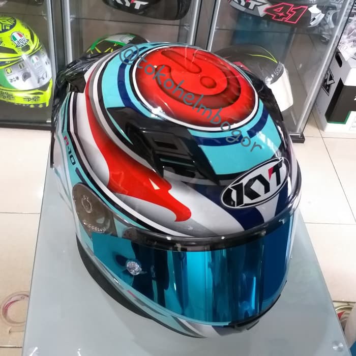 KYT R10 Aqua blue red paket hemat spoiler smoke tearoff blue