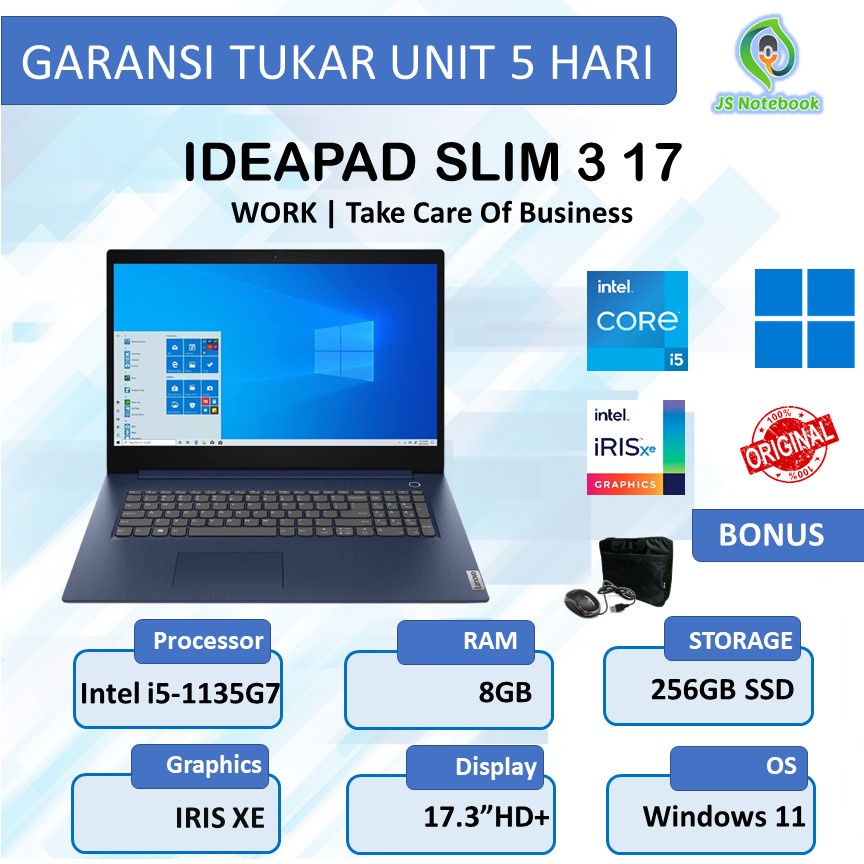 LENOVO IDEAPAD SLIM 3 17 i5-1135G7 8GB 256GB SSD W11 17.3"HD+ -ABYSS BLUE