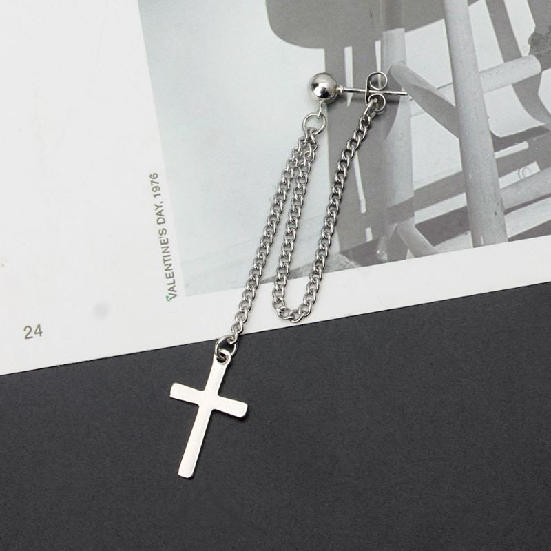 Moonlight&quot; Titanium Steel Korean Bangtang Boys Cross Leaf Pendant Double Chain Earring