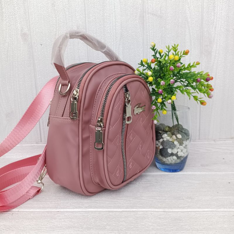 tas ransel 4 ruang bahan nilon bordir depan ukuran T21xL19 x9 cm.-peach