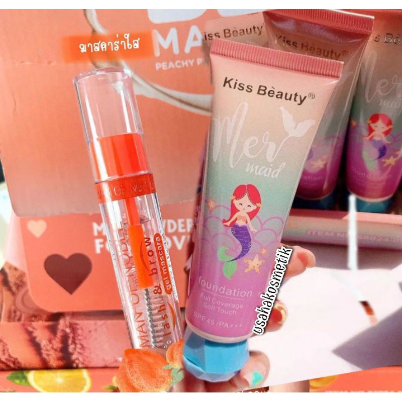 PAKET  MAKEUP 2IN1 FOUNDATION MERMAID JUMBO + MASCARA GEL BENING KEMASAN ORANGE