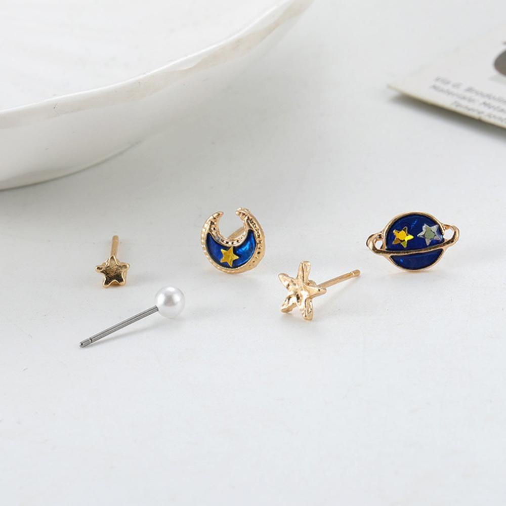 Timekey 5PCS / Set Anting Tusuk Desain Planet / Bintang / Bulan / Mutiara Simple Lucu Untuk Wanita A6K3