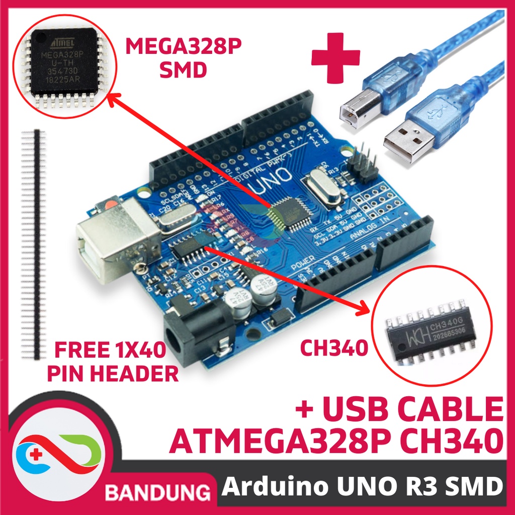 UNO R3 SMD CH340 ATMEGA328P PLUS KABEL USB &amp; PIN HEADER