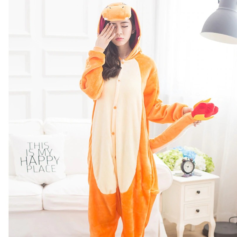 Pokemon Charmander Dewasa Kigurumi Onesie Wanita Hewan Kostum Fancy Lembut Cosplay Anime Onepiece