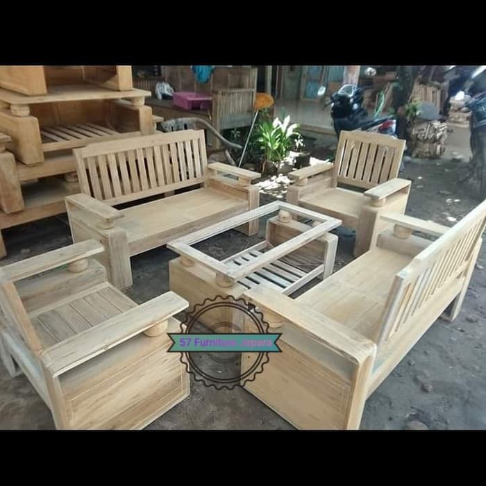 Meja kursi tamu kayu jati model minimalis formasi besar 