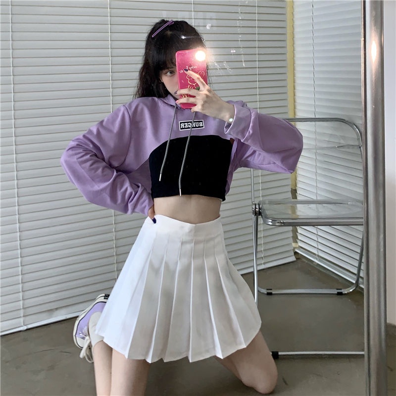 [✅BISA COD] #Sisjuly# Dua Potong Sesuai Xuan Ya Street Dance Hip-Hop Longgar Dicetak Pendek Lengan Panjang Hoodie Cropped