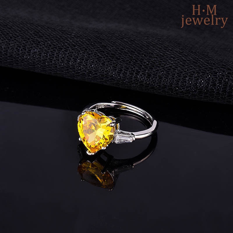 Cincin Model Terbuka Bentuk Hati Aksen Berlian Kuning Bahan S925 Silver