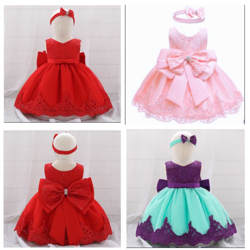 [MAMASILO] DRESS BAYI PEREMPUAN PITA BESAR GAUN PESTA BAYI RENDA BONUS BANDO