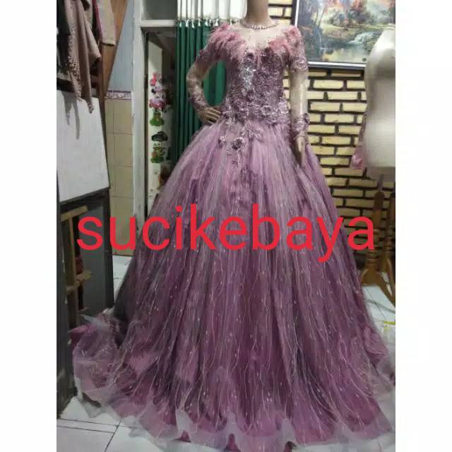 Gaun Pengantin Warna Dusty Purple Bulu Ekor Panjang Shopee Indonesia