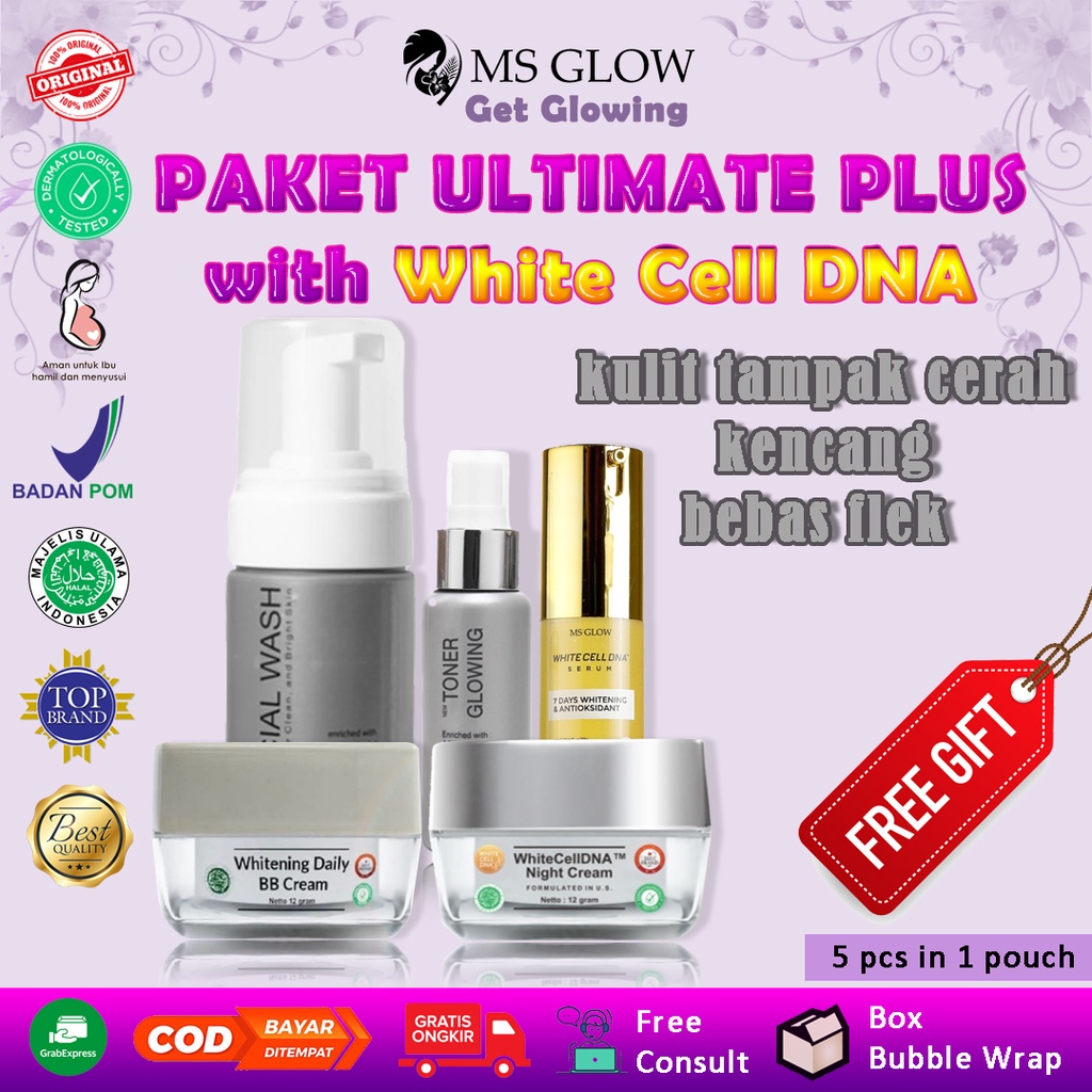paket ms glow whitening white cell dna serum cream krim crem malam night cream ecer ori