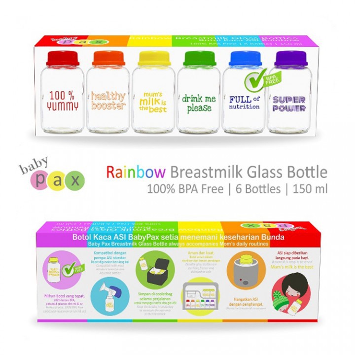 Baby Pax Botol Kaca Asi New Color Isi 6 - Rainbow Breast Milk Glass Bottle 150ml