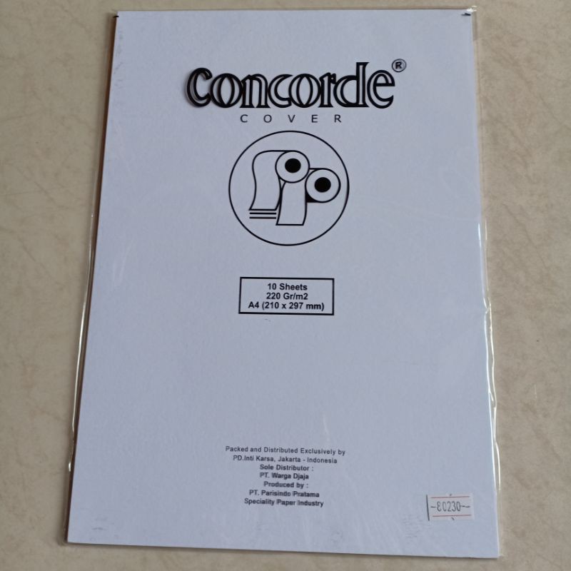 

1 lembar kertas Concorde cover putih.220gr.uk A4 (210x297mm)