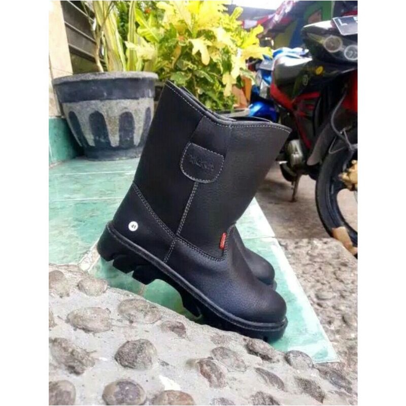 Sepatu Safety Boot Pria proyek ujung besi kulit sentetis Kerja Lapangan Proyek