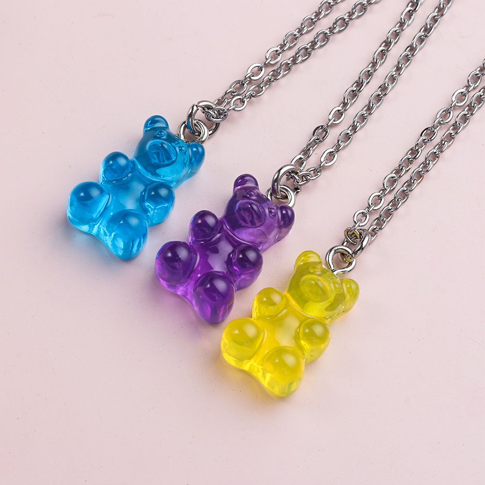 ROW Girls Gifts Resin Bear Charms Bracelet Jewelry Making Bear Necklace Women's Fashion Candy Color DIY Stanless Steel Chain Bear Pendant/Multicolor