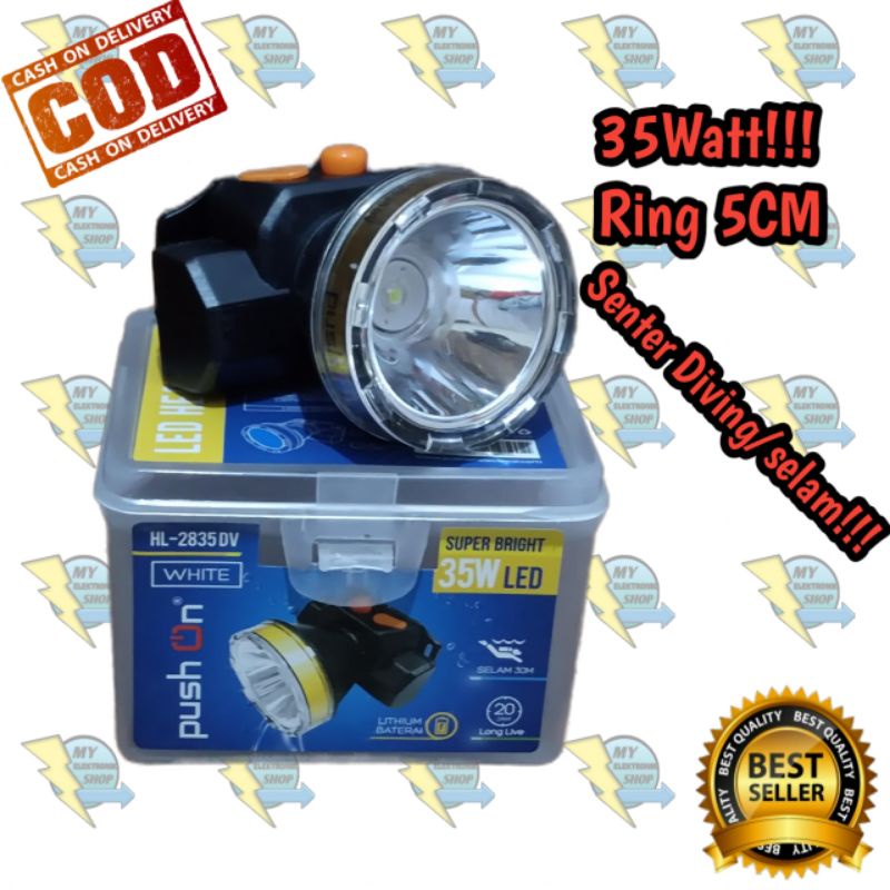 Senter Kepala Selam 35W LED Headlamp 35Watt LED Diving push on headlamp Waterproof HL-2835DV