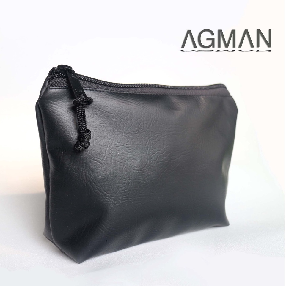 AGMAN Pouch Travel Organizer Alat Mandi Waterproof Pria Kulit Sintetis Warna Hitam Polos