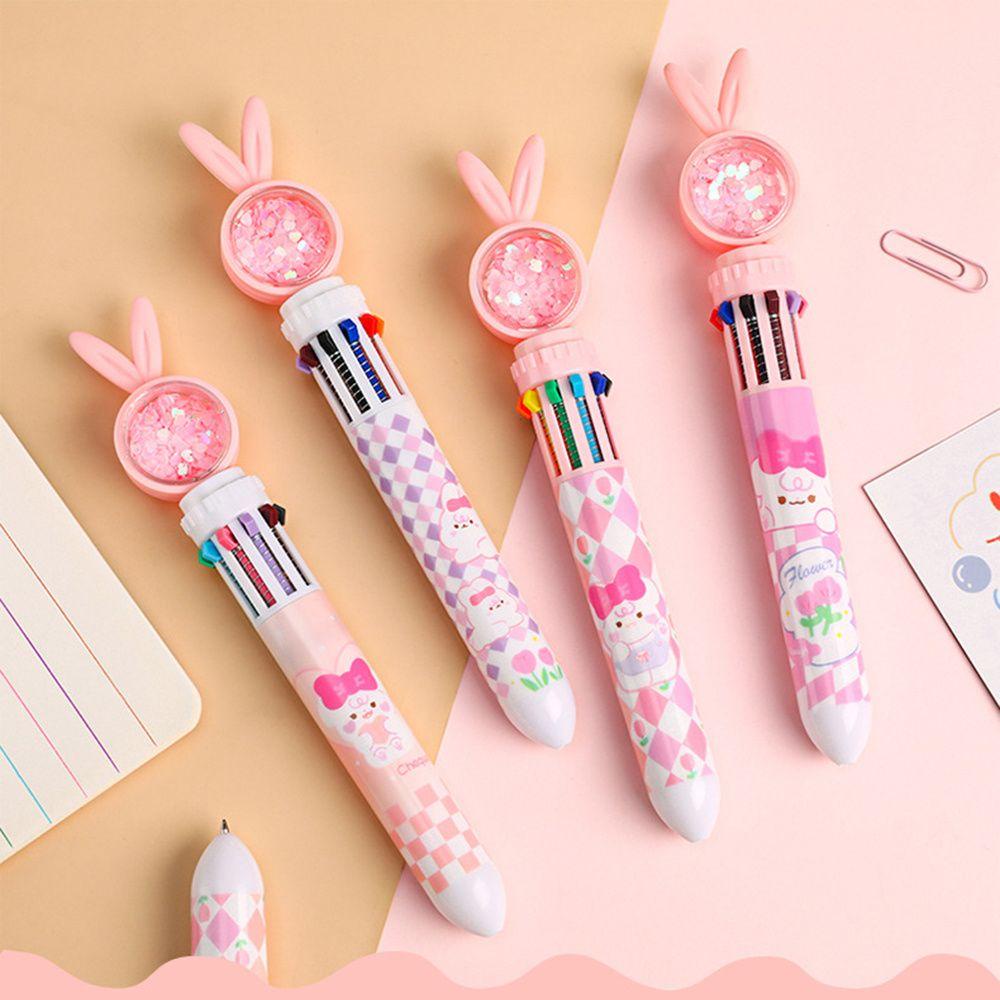 Lanfy Kartun Kelinci Pena Good-looking 0.38mm Sepuluh Warna Gaya Dorong Stationarys Pen 3D Pola Gel Pen