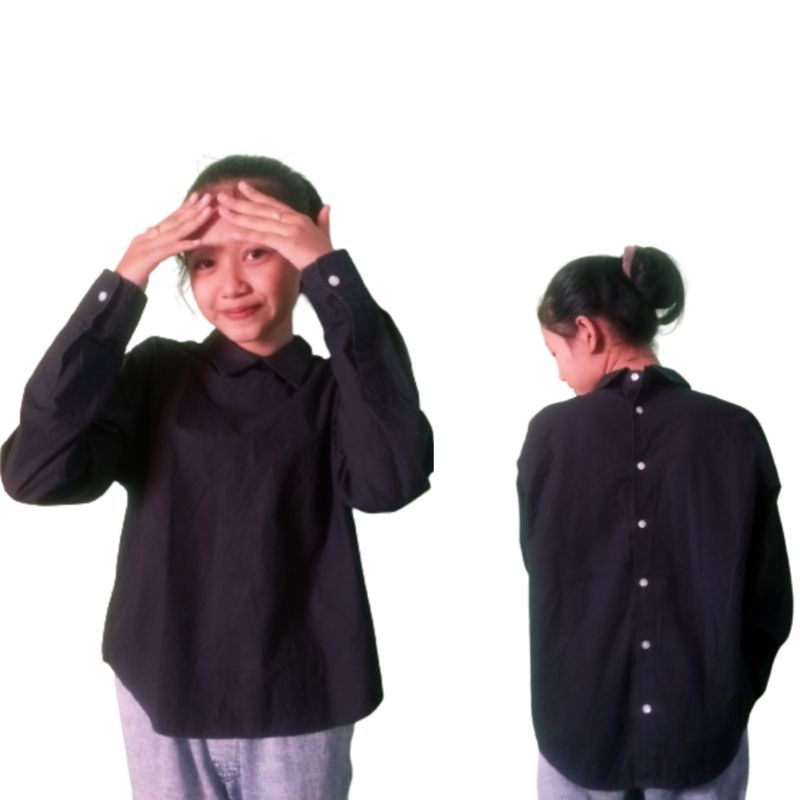 Fashion wanita kekinian atasan korean model kemeja kancing belakang fullblack BeamsBoy (The Standard
