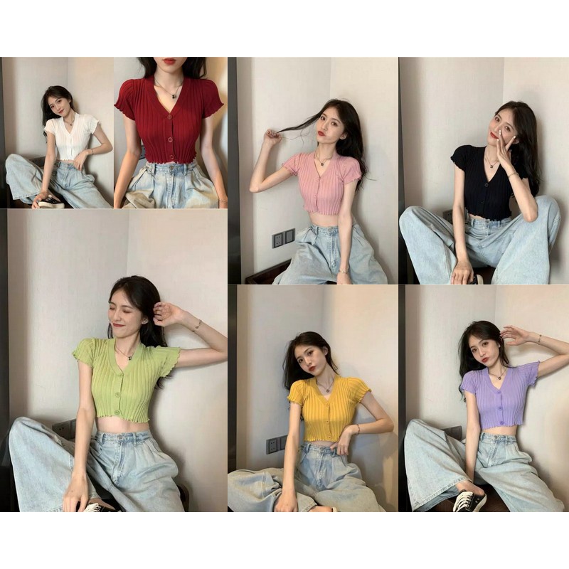 JOANA Crop Top Botton Rajut Korean// kriwil crop //kardigan cro// rajut murah