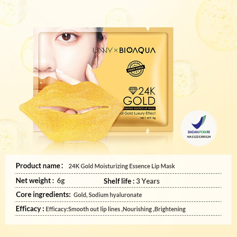 BPOM UNNY × BIOAQUA 24K Gold Moisturizing Essence Lip Mask 6g / Perawatan Bibir Memudarkan Kerutan Bibir / BS