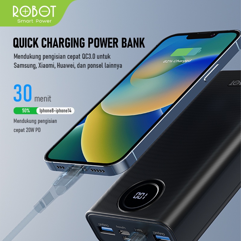 PowerBank ROBOT 20000mah RT23 Quick Charging Power bank 20RB MAH 3 Port Input &amp; Output Original Led Indicator - Garansi Resmi 1 Tahun