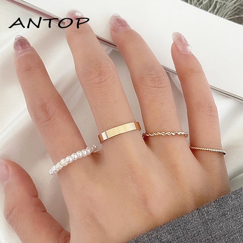 Korea Wanita Mutiara Cincin Wanita Emas Cincin Logam Set Fashion Perhiasan Aksesoris  ANTOP