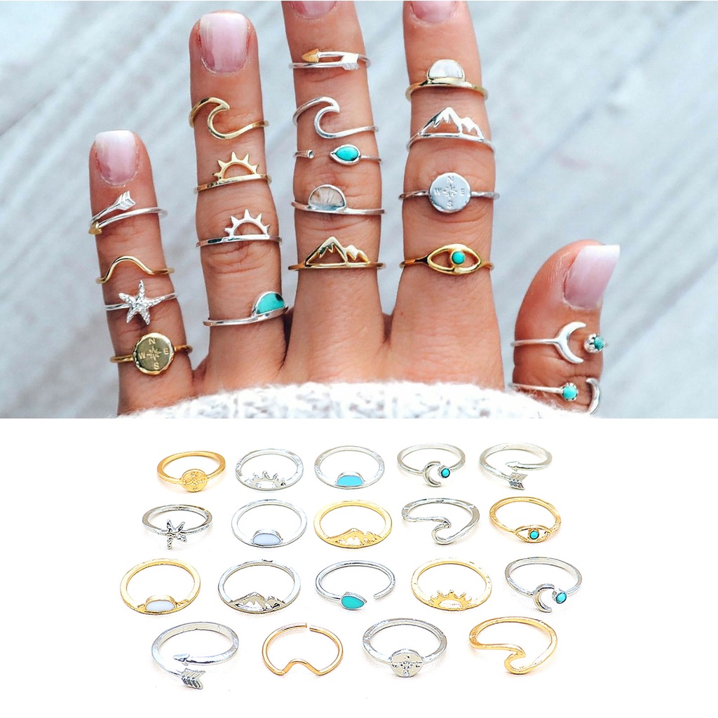 Hu Hu Hu Hu Hu Alat Bantu Pasang Kacamata♡ 19pcs / Set Cincin Model Terbuka Desain Ombak Hias Turquoise Gaya Boho / Etnik Untuk Wanita