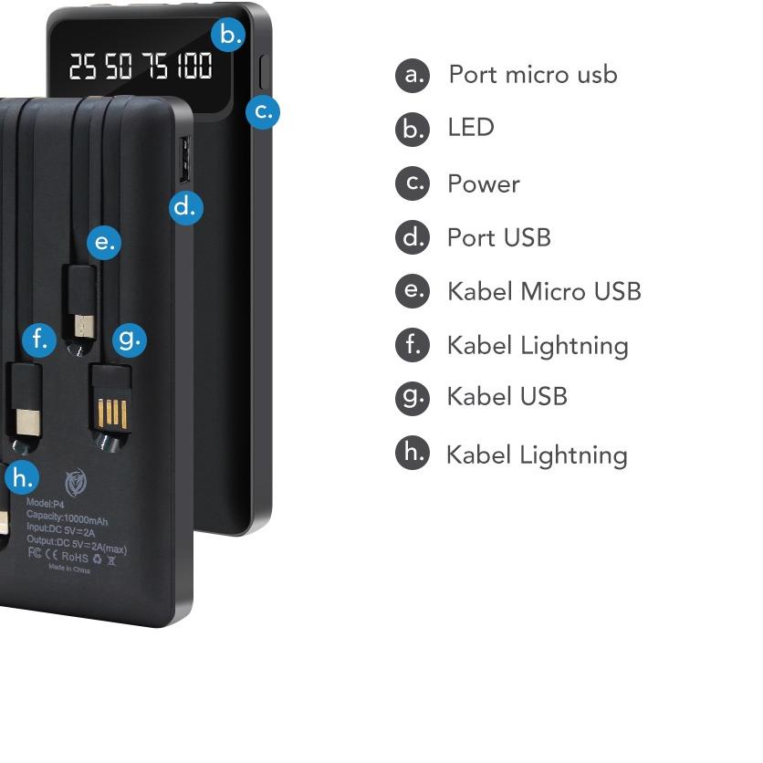 P4 Powerbank 10000 mAh Power Bank 2A Built in Cable Fast Charging 4 Output 2 Input LED Display Flash