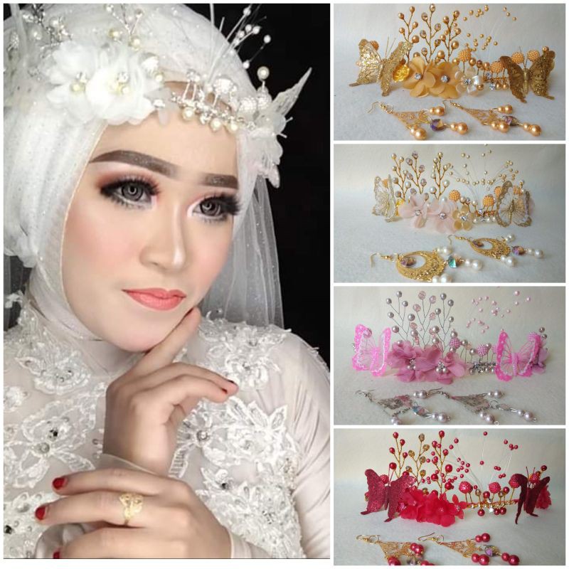 bandana  mahkota/ heepis  +  anting hiasan kpala kupu kupu untuk pengantin/ praweding