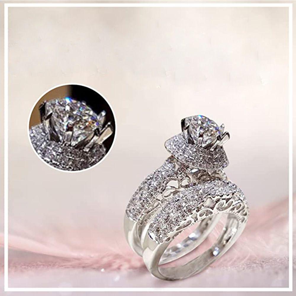 Preva 2 Pcs Cincin Berlian Wanita Perhiasan Jari Fashion Perak Pertunangan Perhiasan Aksesoris Set Mewah Kristal