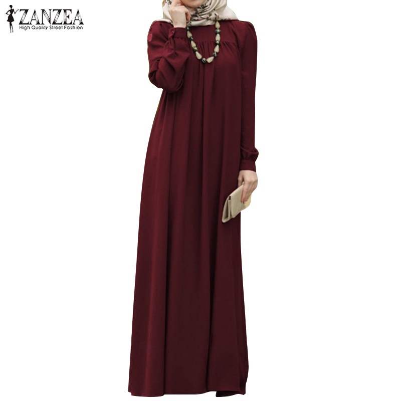 ZANZEA Women Long Puff Sleeve Button Down Front Muslim Long Dress