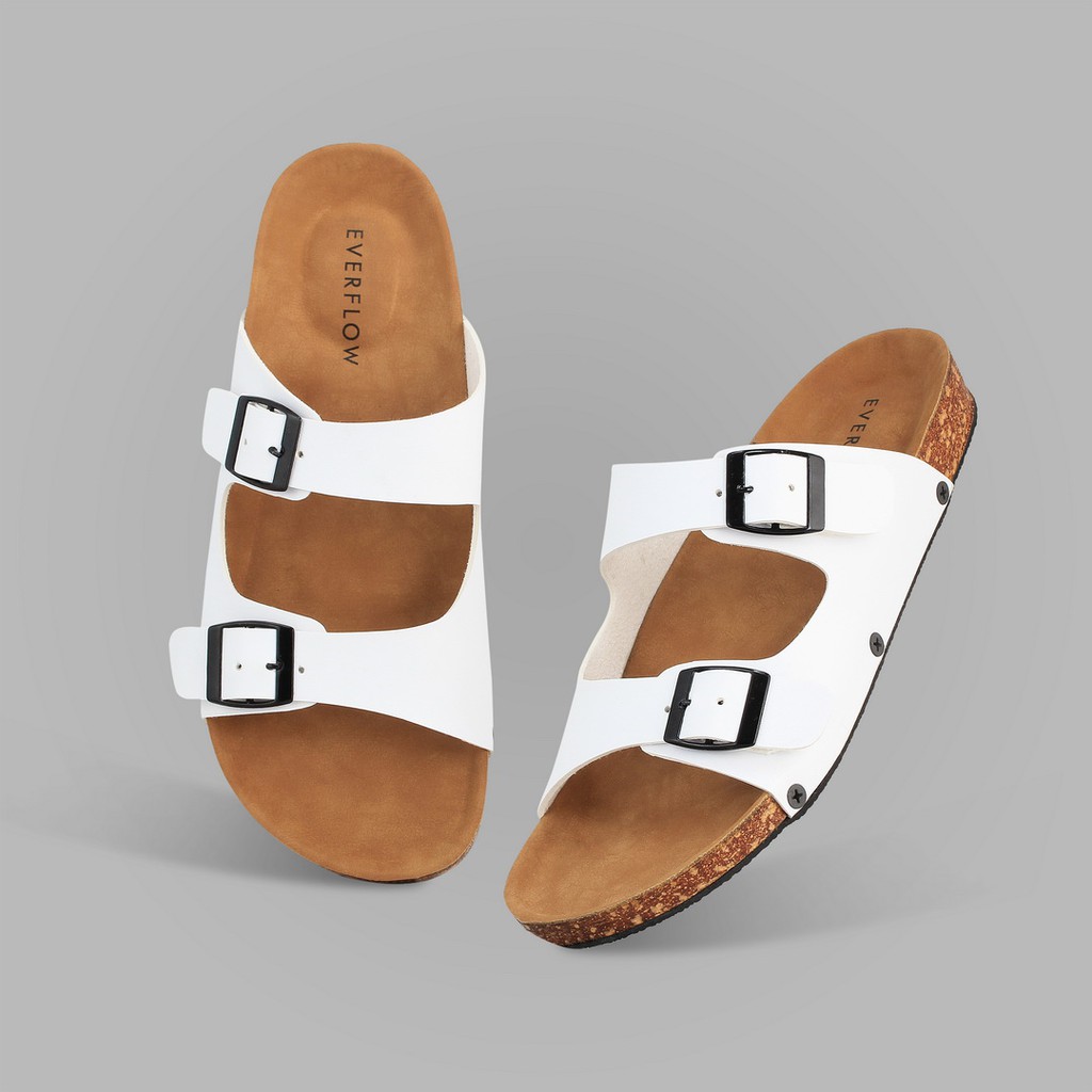 REV STORE - Sandal Pria &amp; Wanita White - Sendal Selop Gesper - Sandal Kulit Pu Unisex