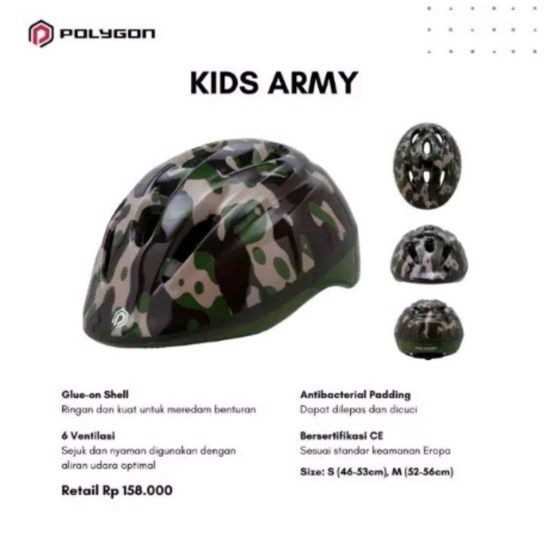 Helm Polygon Kids Army Size M . Motif Tentara Helmet Anak skuter sepatu roda scooter