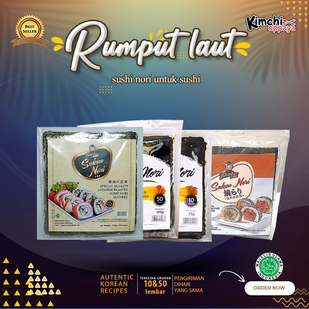 

Rumput Laut Kimbab Sushi Korea - ( Sakao Nori/ Tokinori/ Sakao Spesial Nori ) Nori HALAL Seaweed Rumput Laut Sushi Gimbap Korean Yaki Sushi Nori