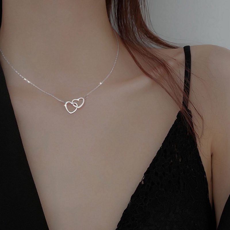 Kalung Choker Rantai Klavikula Desain Hati Ganda Warna Silver Untuk Wanita