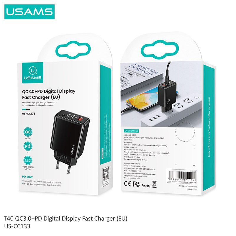 USAMS T40 Charger Fast Charge Digital Display PD20W + QC3.0