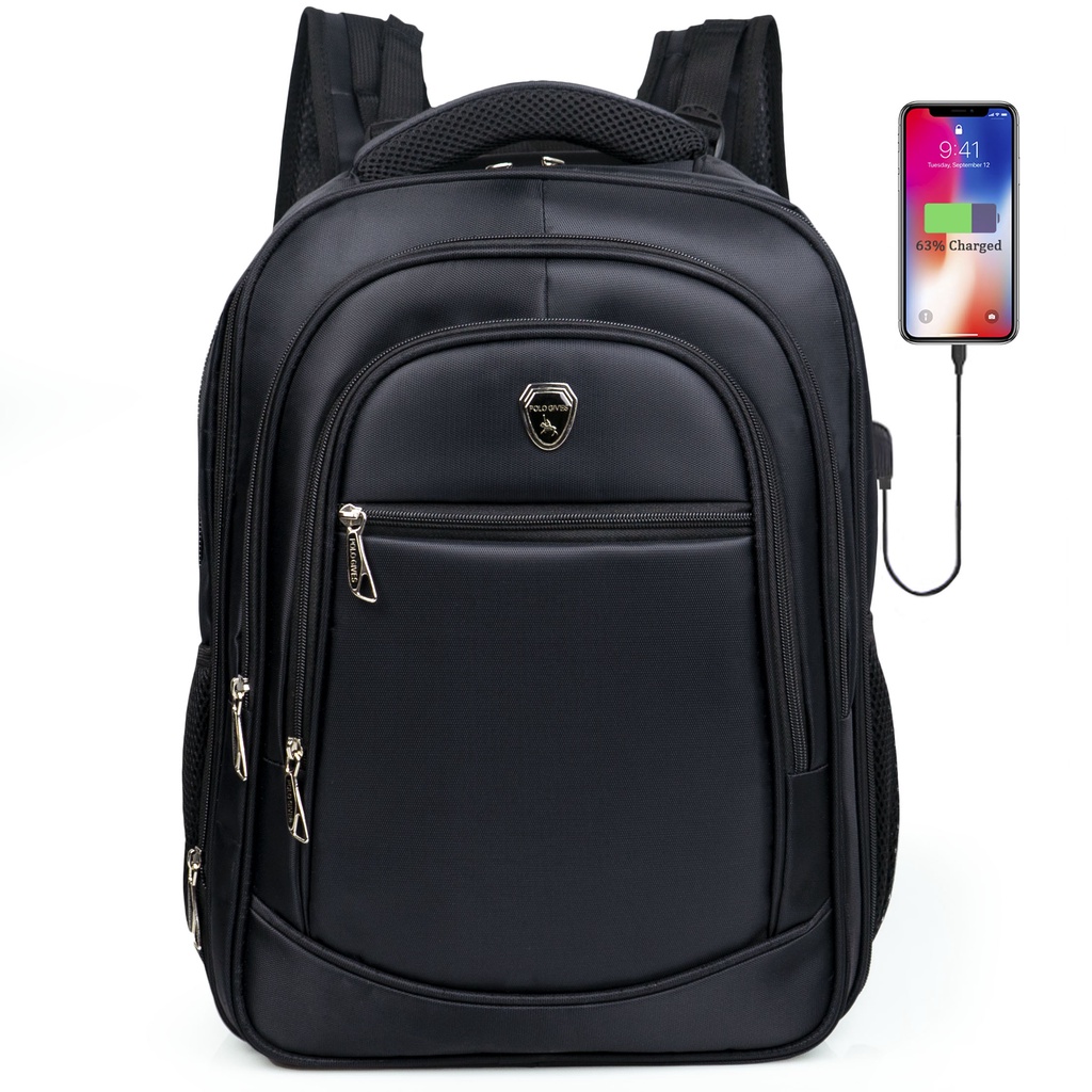 POLO GIVES Tas Ransel POLO Original Import 18 Inch + Free Raincover + Free USB Ransel Sekolah IMPORT-Hitam Classic